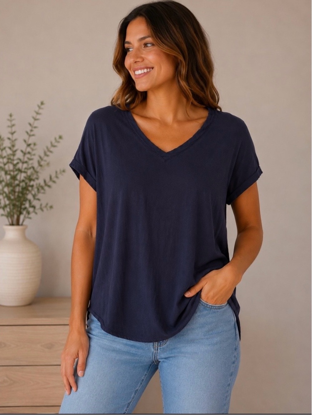 Bella Dahl Navy Blue V-Neck High Low Hem Rayon Short Sleeve Tee Shirt XS